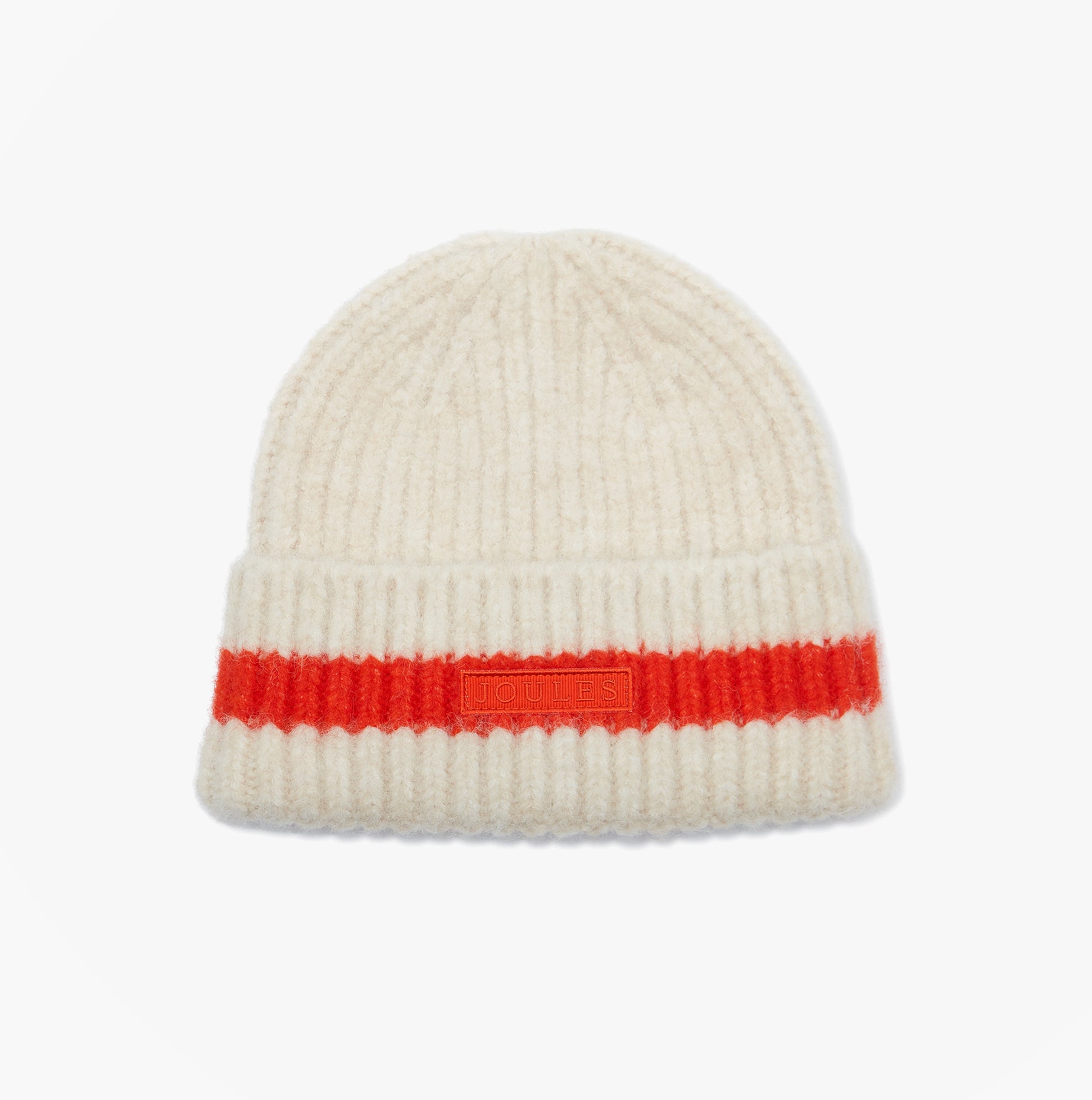 Joules POPLEY STRIPE Womens Beanie Orange/Neutral front view showcasing the striped design and label.