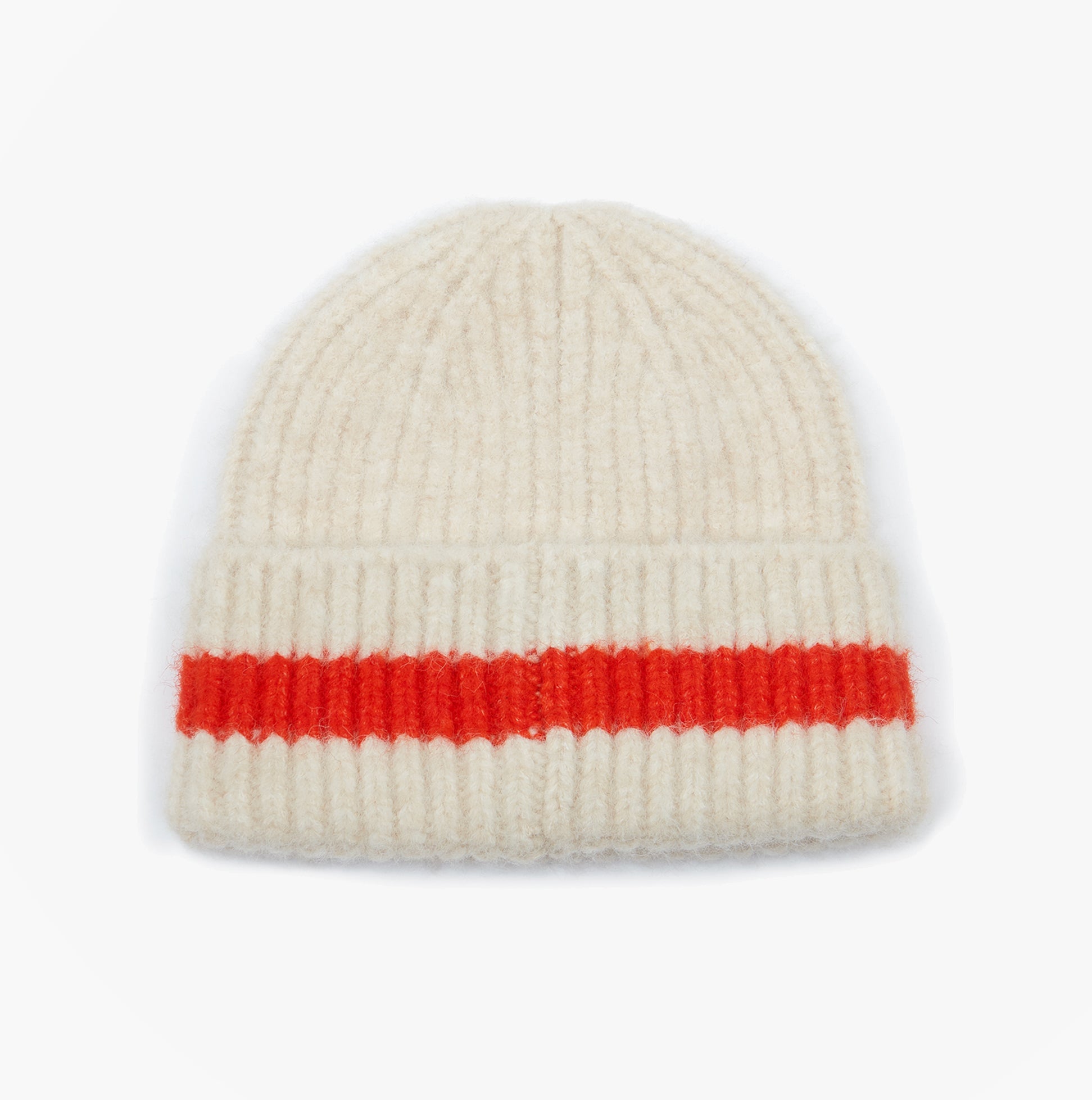 Joules POPLEY STRIPE Womens Beanie Orange/Neutral top view of beige beanie with orange stripe detail.