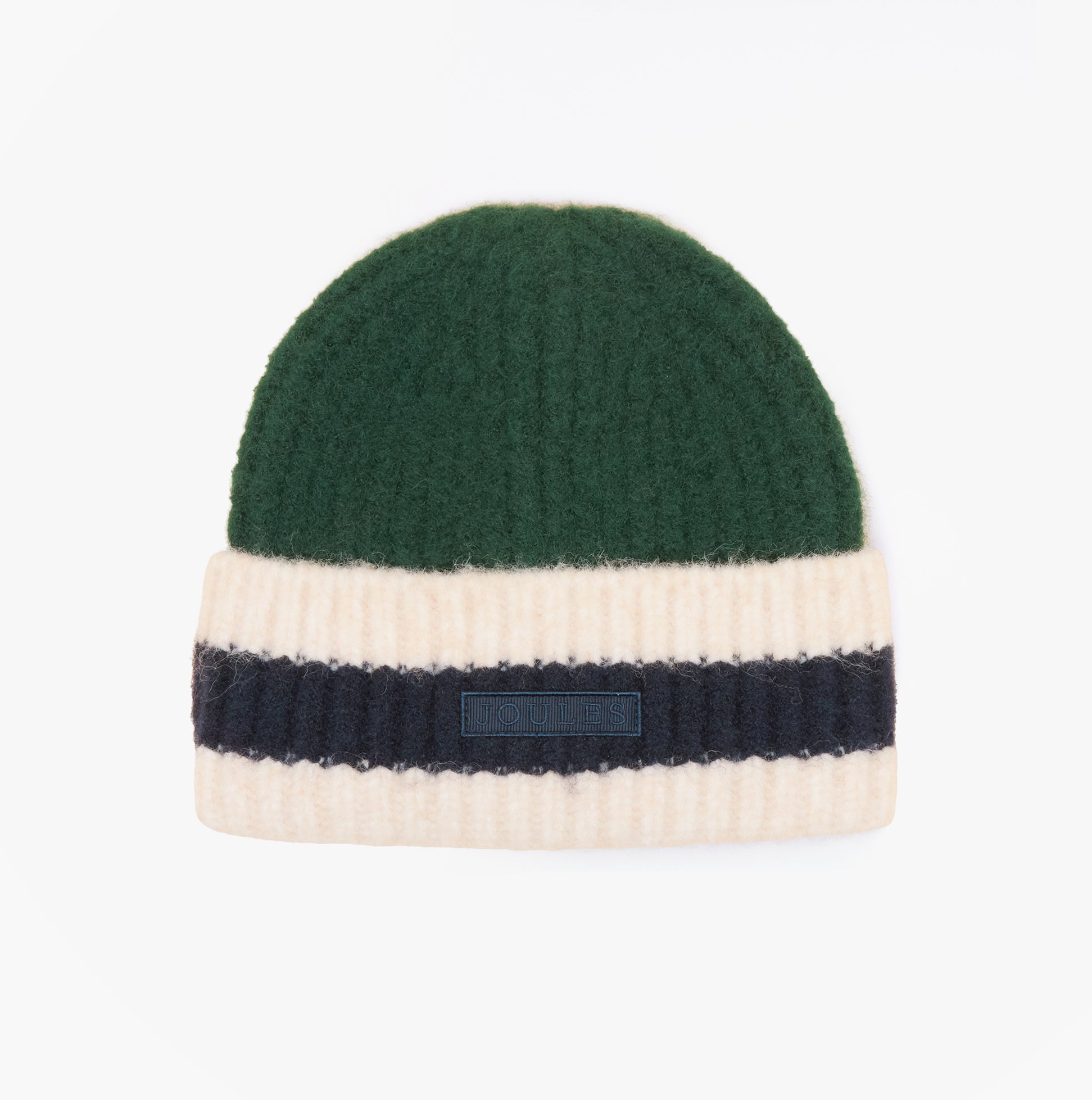 Joules POPLEY STRIPE Womens Beanie Green/Blue front view showcasing green and cream stripes.
