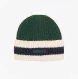 Joules POPLEY STRIPE Womens Beanie Green/Blue front view showcasing green and cream stripes.