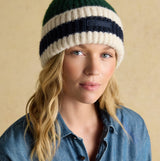 Joules POPLEY STRIPE Womens Beanie Green/Blue front view on model with casual denim shirt.
