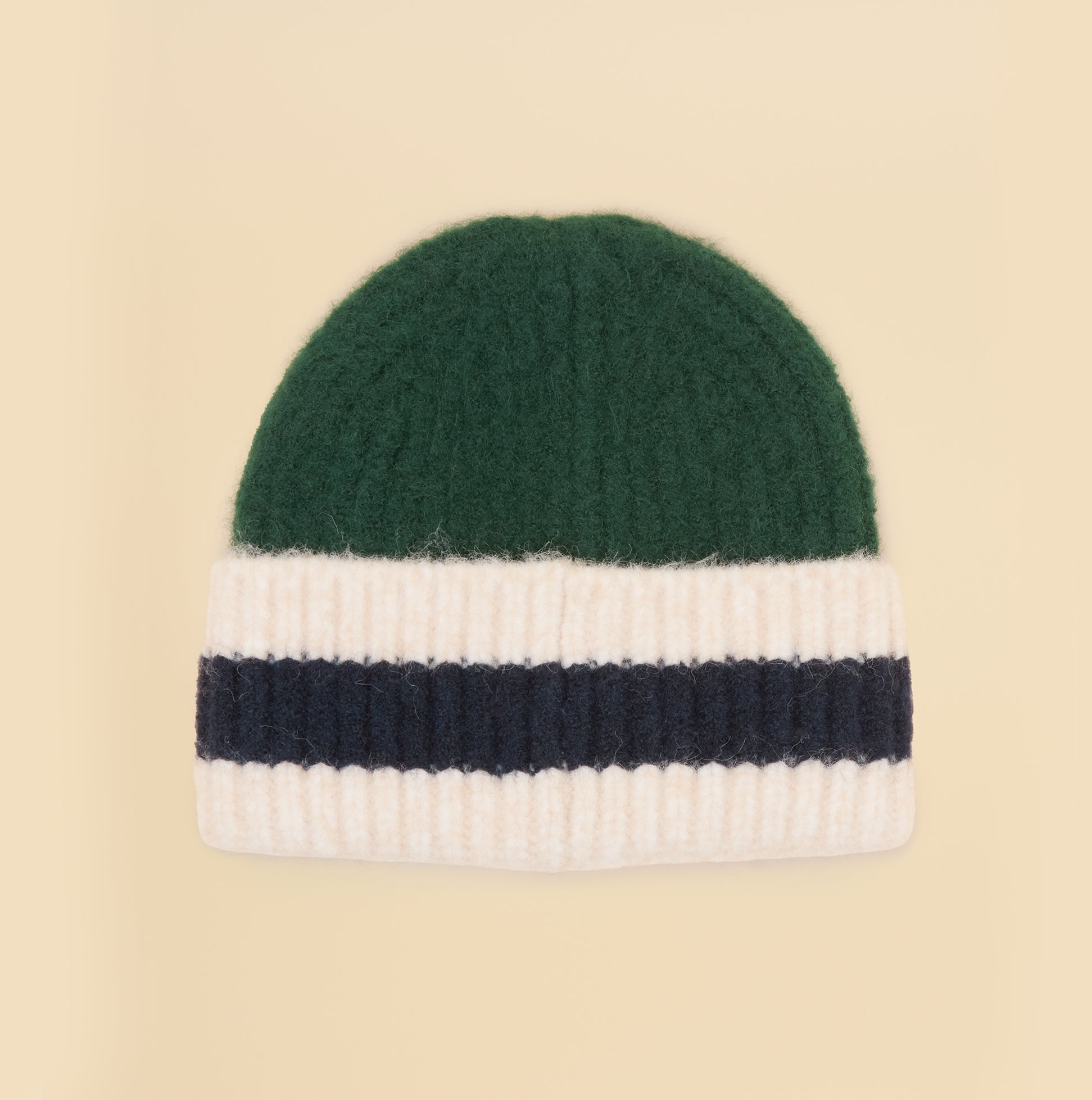 Joules POPLEY STRIPE Womens Beanie Green/Blue top view showcasing green and cream stripes with navy details.