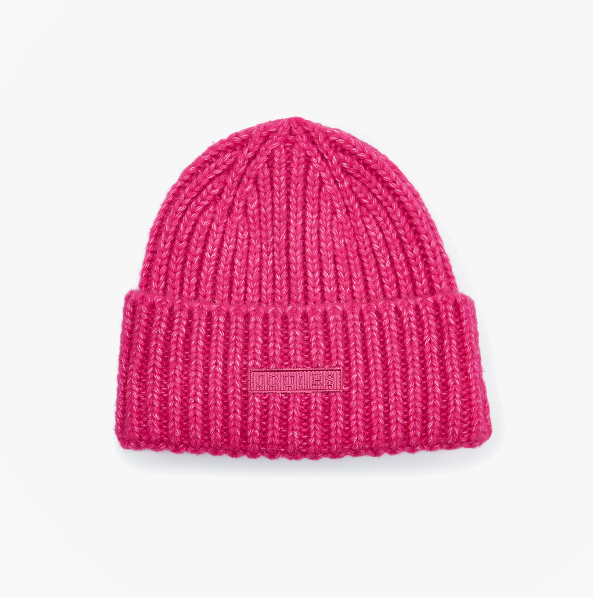 Joules ROSA Womens Beanie Pink front view showcasing vibrant pink color and ribbed texture.