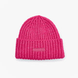 Joules ROSA Womens Beanie Pink front view showcasing vibrant pink color and ribbed texture.
