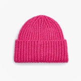 Joules ROSA Womens Beanie Pink top view showcasing its ribbed texture and vibrant color.