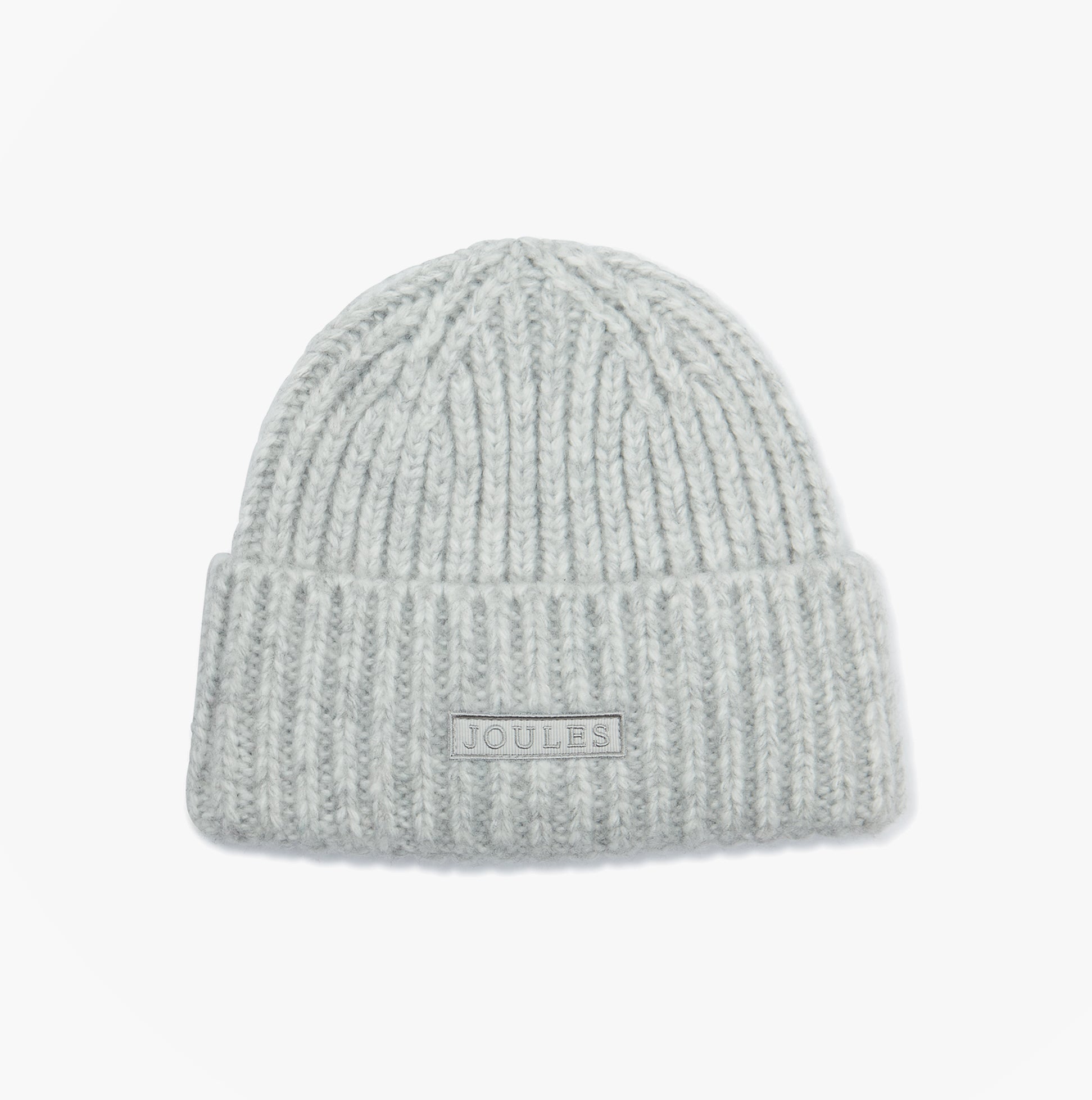 Joules ROSA Womens Beanie Grey top view with cozy knitted texture and brand label.