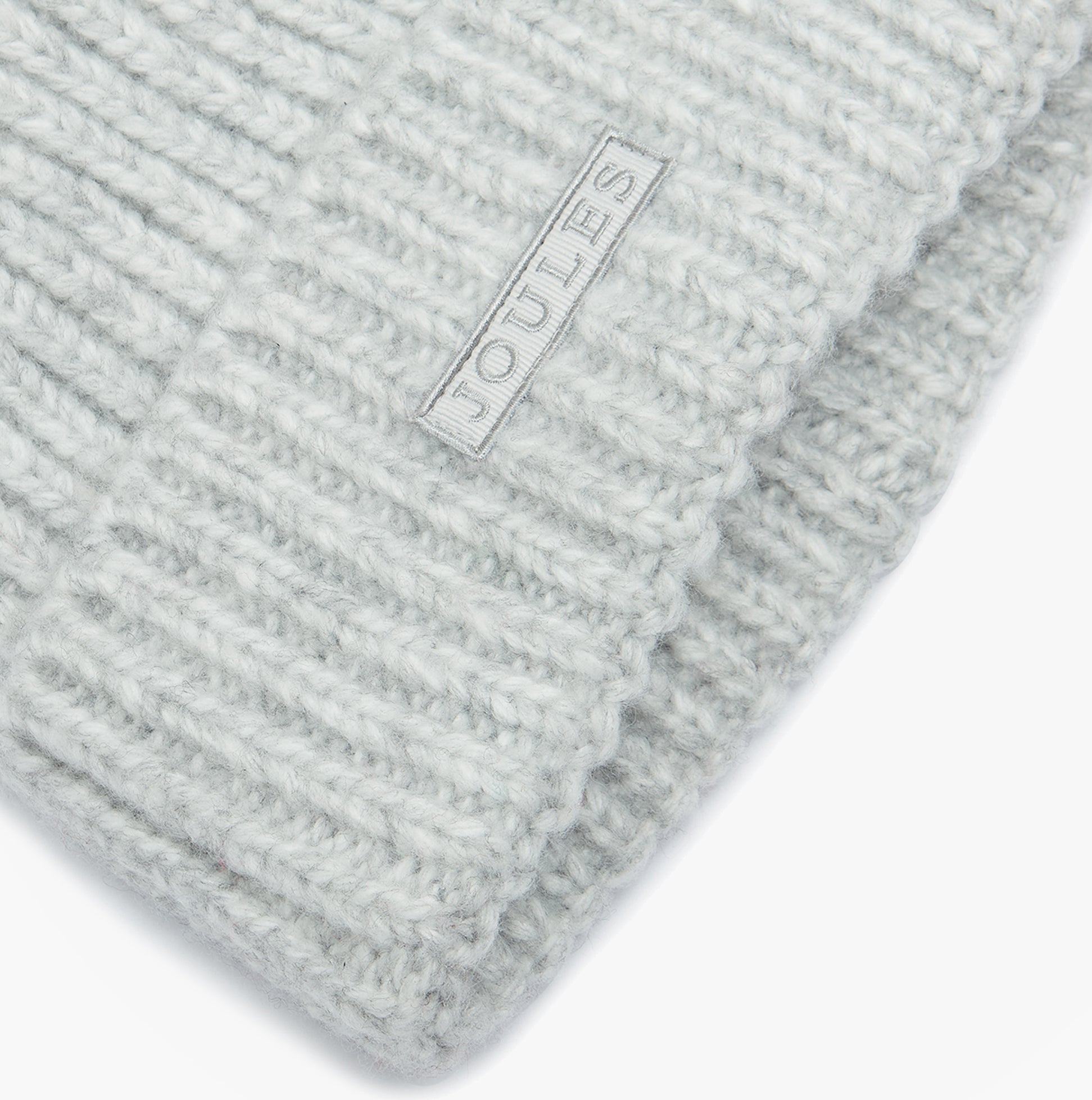 Joules ROSA Womens Beanie Grey close-up detail view showcasing soft knit texture and logo.
