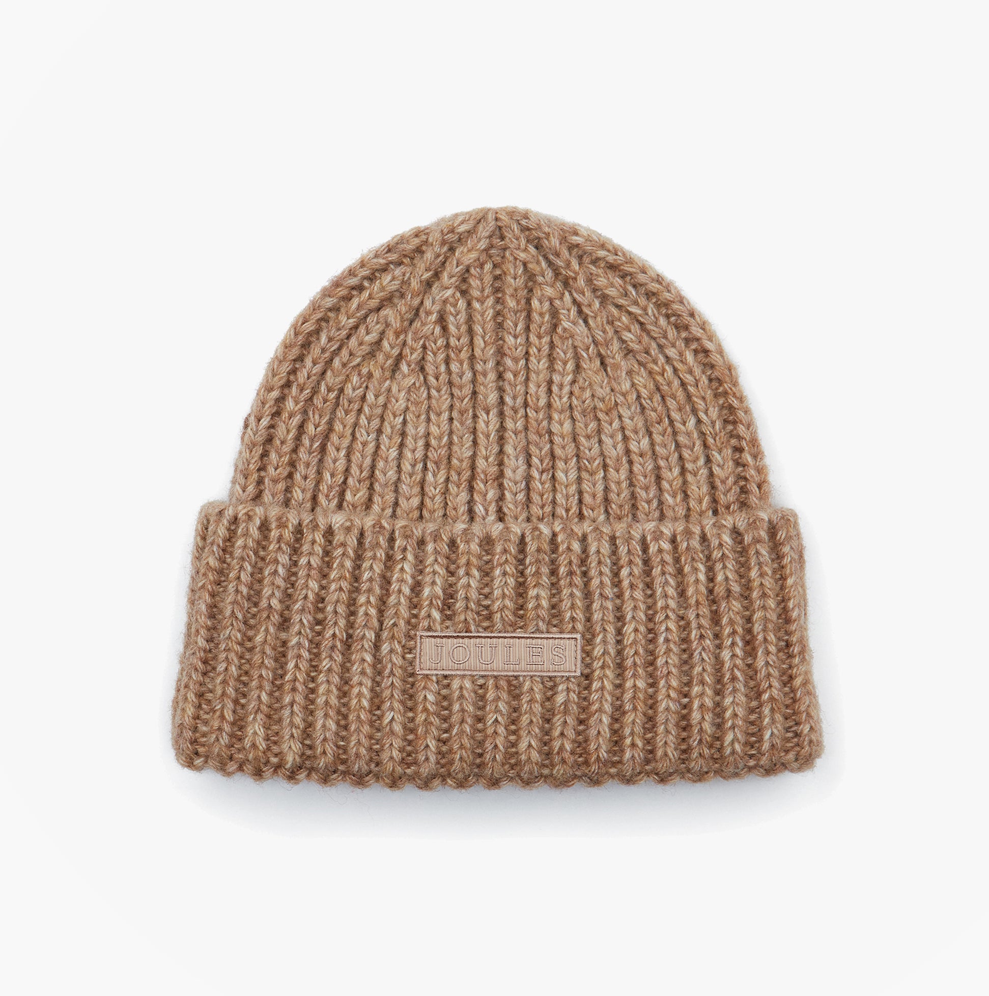 Joules ROSA Womens Beanie Oatmeal front view showing the textured knit design and logo patch.