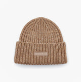 Joules ROSA Womens Beanie Oatmeal front view showing the textured knit design and logo patch.