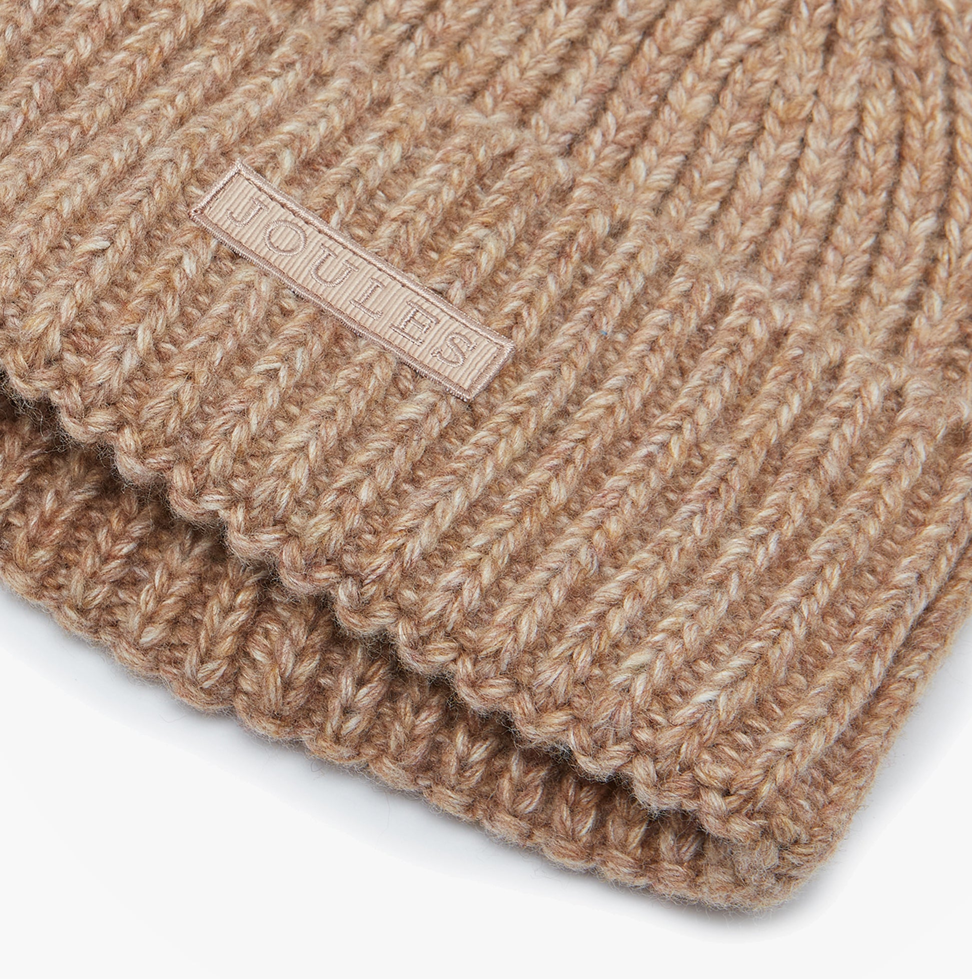 Joules ROSA Womens Beanie Oatmeal close-up view showcasing ribbed texture and logo detail.
