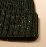 Joules HAMMOND Mens Beanie Green detail view showing textured knit and hem with multicolored specks
