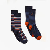 Joules KINGSBURY Mens Socks Navy/Ginger, front view of crew socks with striped designs in navy and ginger.