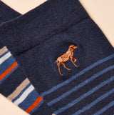 Joules KINGSBURY Mens Socks Navy/Ginger close-up detail view featuring embroidered dog design.