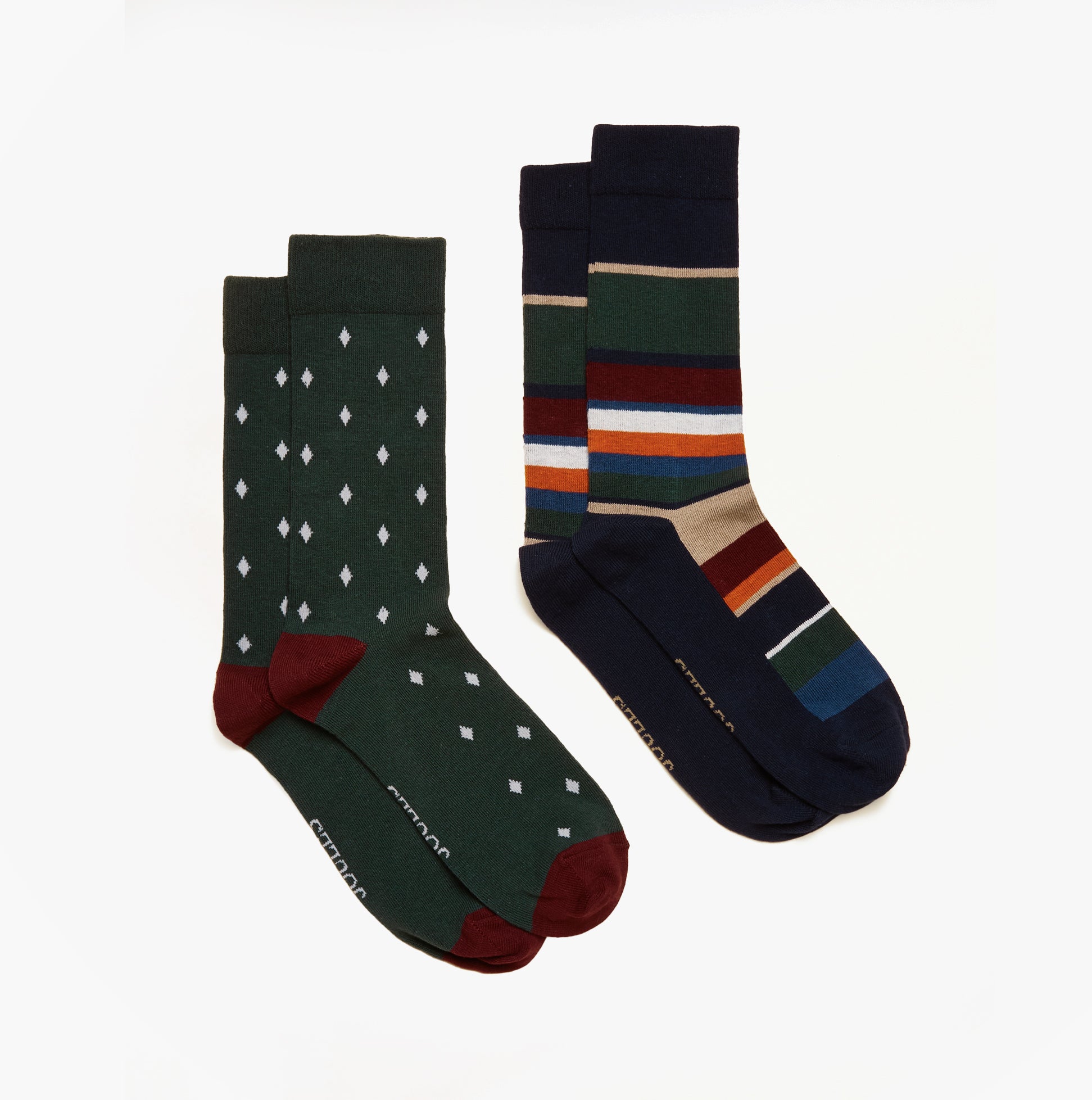 Joules KINGSBURY Mens Socks Multi side view showing two pairs in dark green and navy with patterns.
