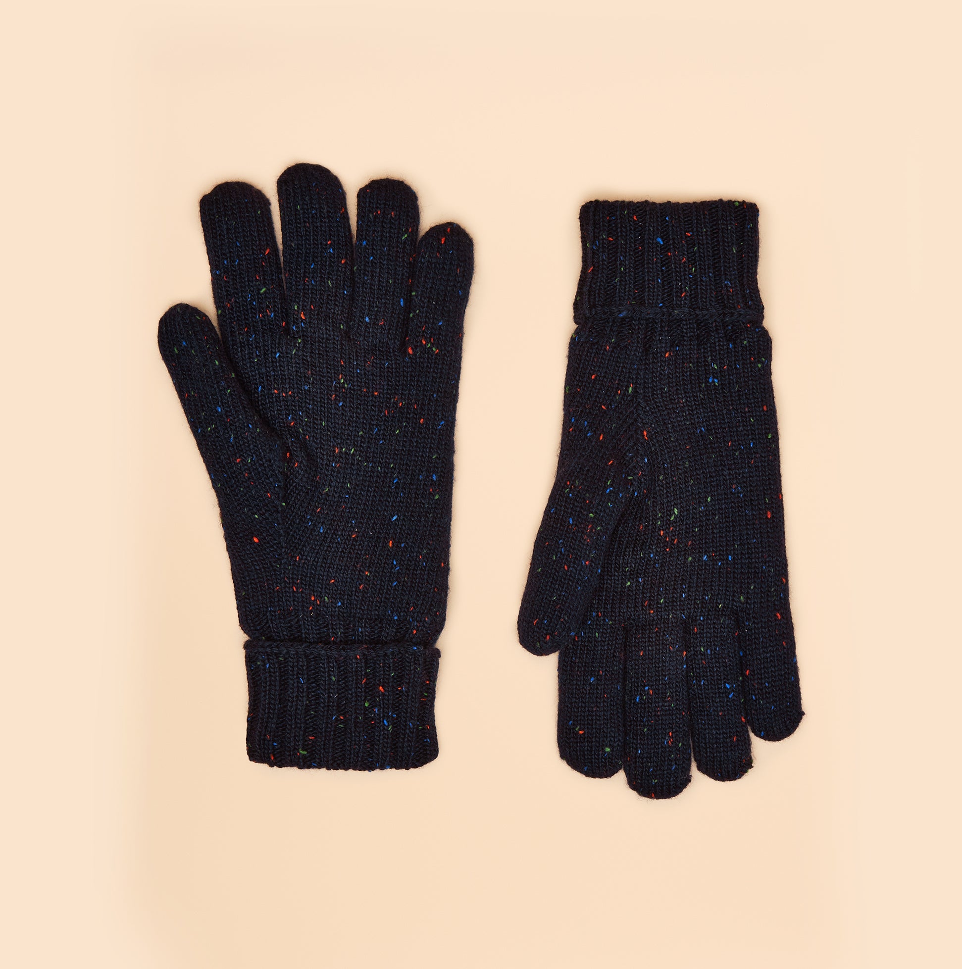 Joules HAMMOND Mens Gloves Navy, top view of knitted gloves showcasing vibrant speckles.