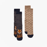 Joules KINGSBURY Mens Socks Navy/Oatmeal, front view of two pairs: striped navy and oatmeal patterned socks.