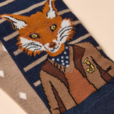 Joules KINGSBURY Mens Socks Navy/Oatmeal detail view featuring fox design and striped pattern.