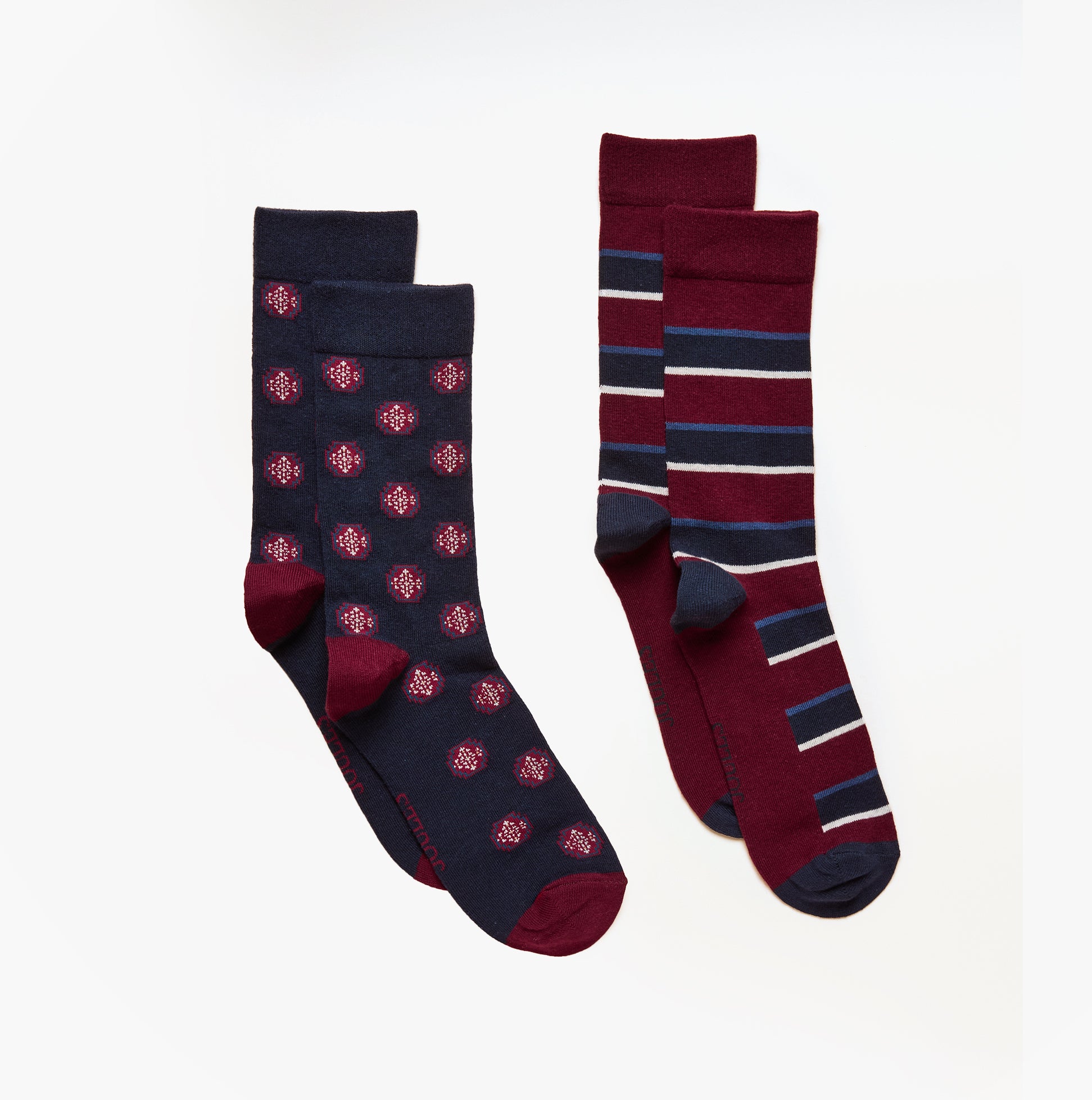 Joules KINGSBURY Mens Socks Navy, front view showing crew socks with polka dot and striped patterns.