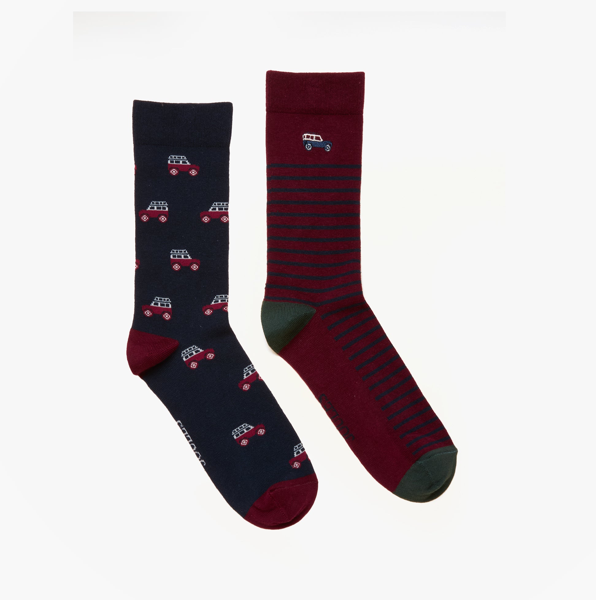 Joules KINGSBURY Mens Car Design Socks Red/Blue front view showing two pack of crew socks with car designs.