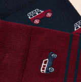 Joules KINGSBURY Mens Car Design Socks Red/Blue detail view of the socks featuring car patterns.