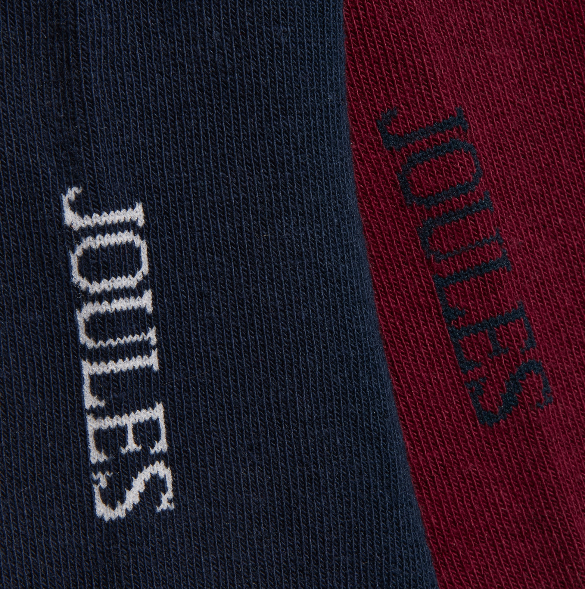 Joules KINGSBURY Mens Car Design Socks Red/Blue detail view showcasing brand labels in navy and red colors.