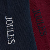Joules KINGSBURY Mens Car Design Socks Red/Blue detail view showcasing brand labels in navy and red colors.