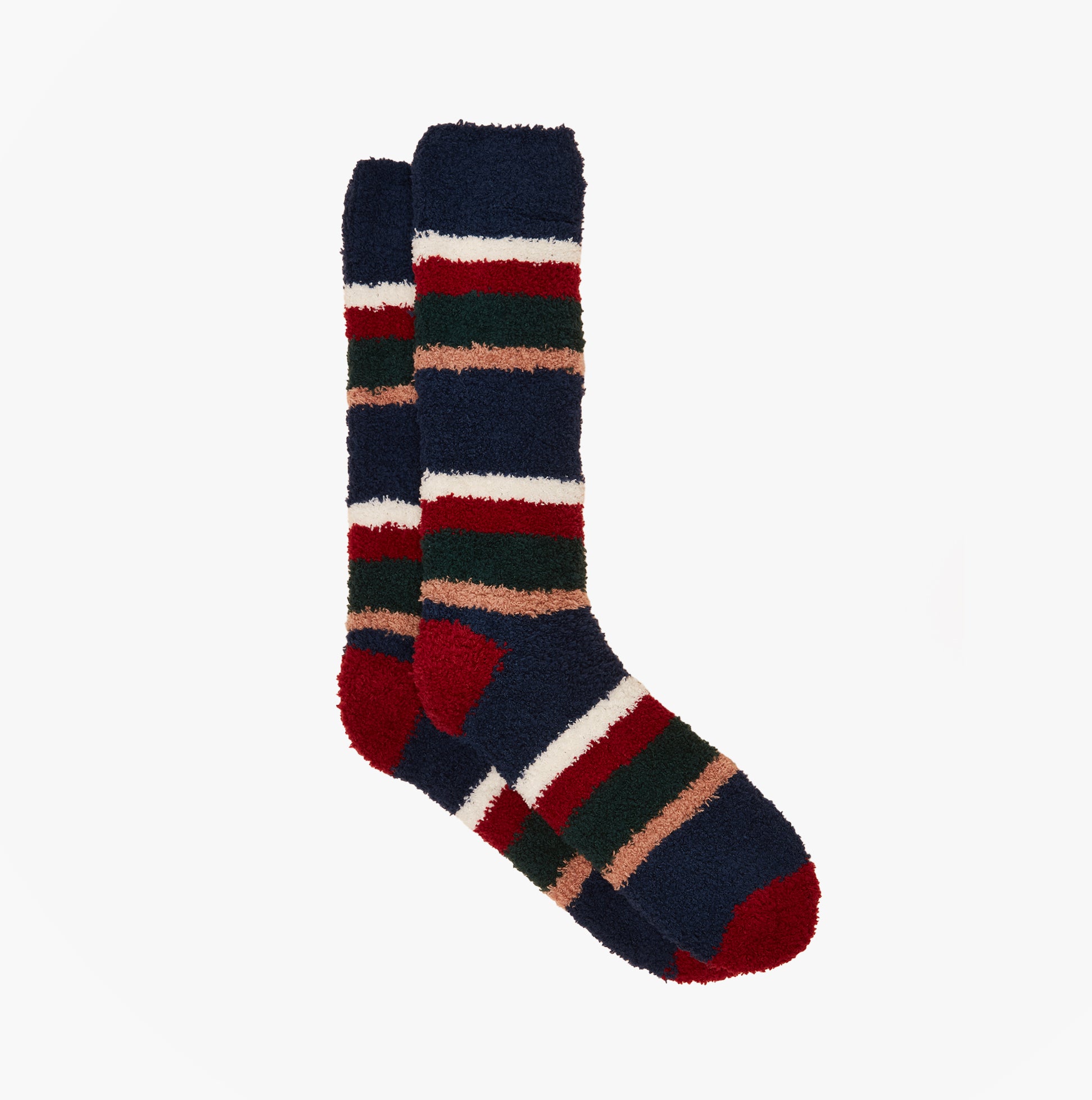 Joules FLUFFY Mens Socks Navy, front view of cozy striped slipper socks in navy, red, and green colors.