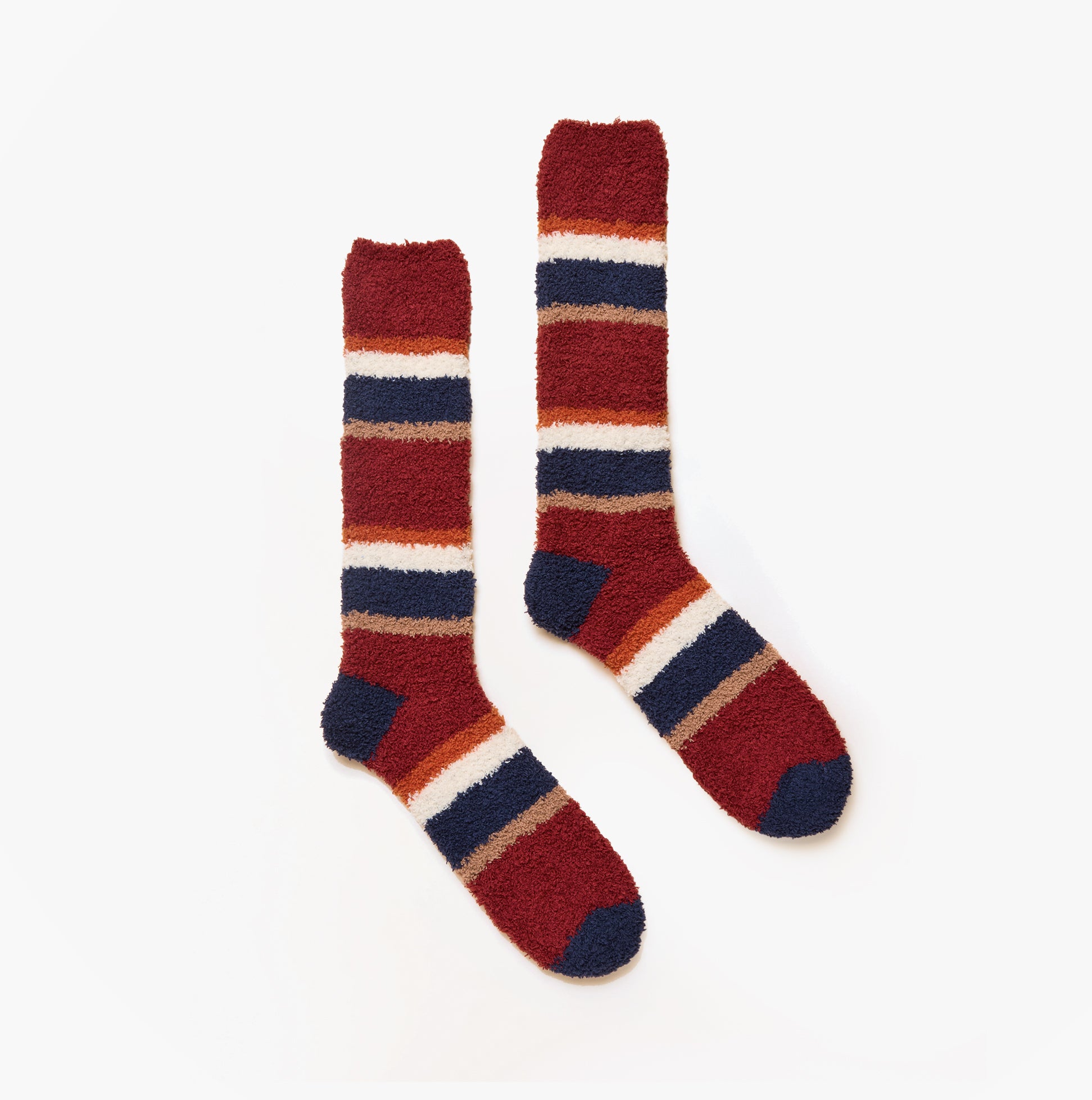 Joules FLUFFY Mens Socks Red in a top view, showing soft material and striped design with rich red and navy colors.