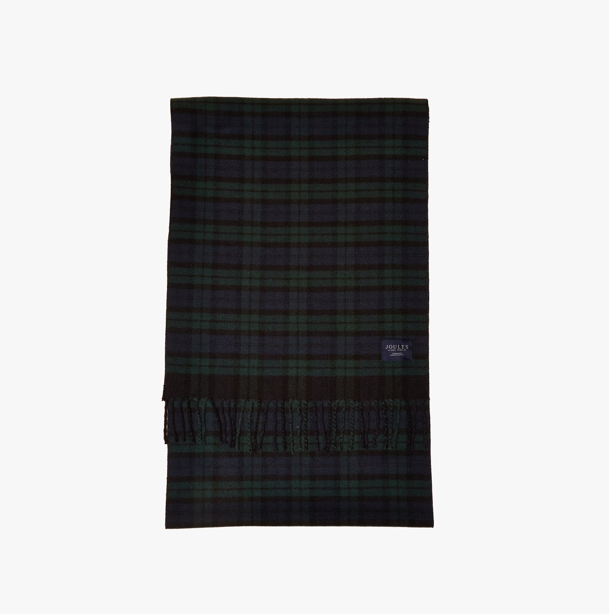 Joules LANGTREE Mens Scarf Navy detail view showcasing the plaid pattern and fringed edge.