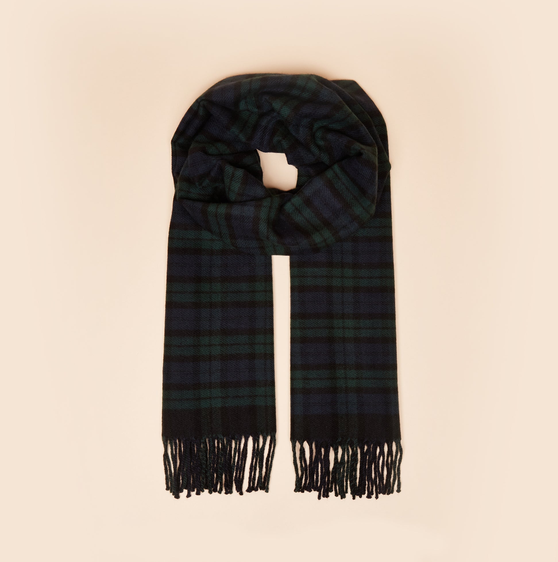 Joules LANGTREE Mens Scarf Navy front view, showcasing its plaid design and tassel ends.