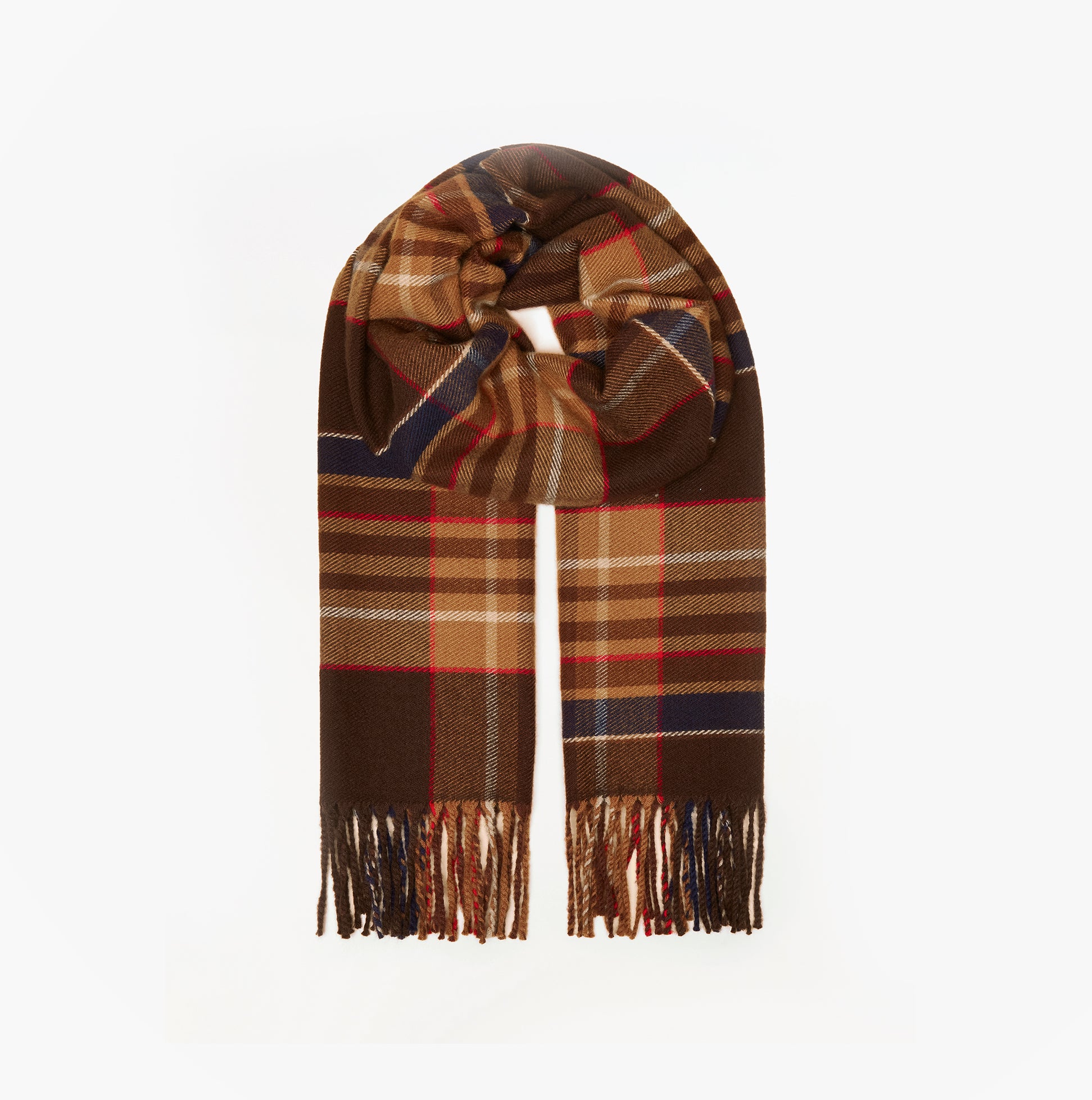 Joules LANGTREE Mens Winter Brown scarf front view, featuring a warm plaid design and fringed ends.