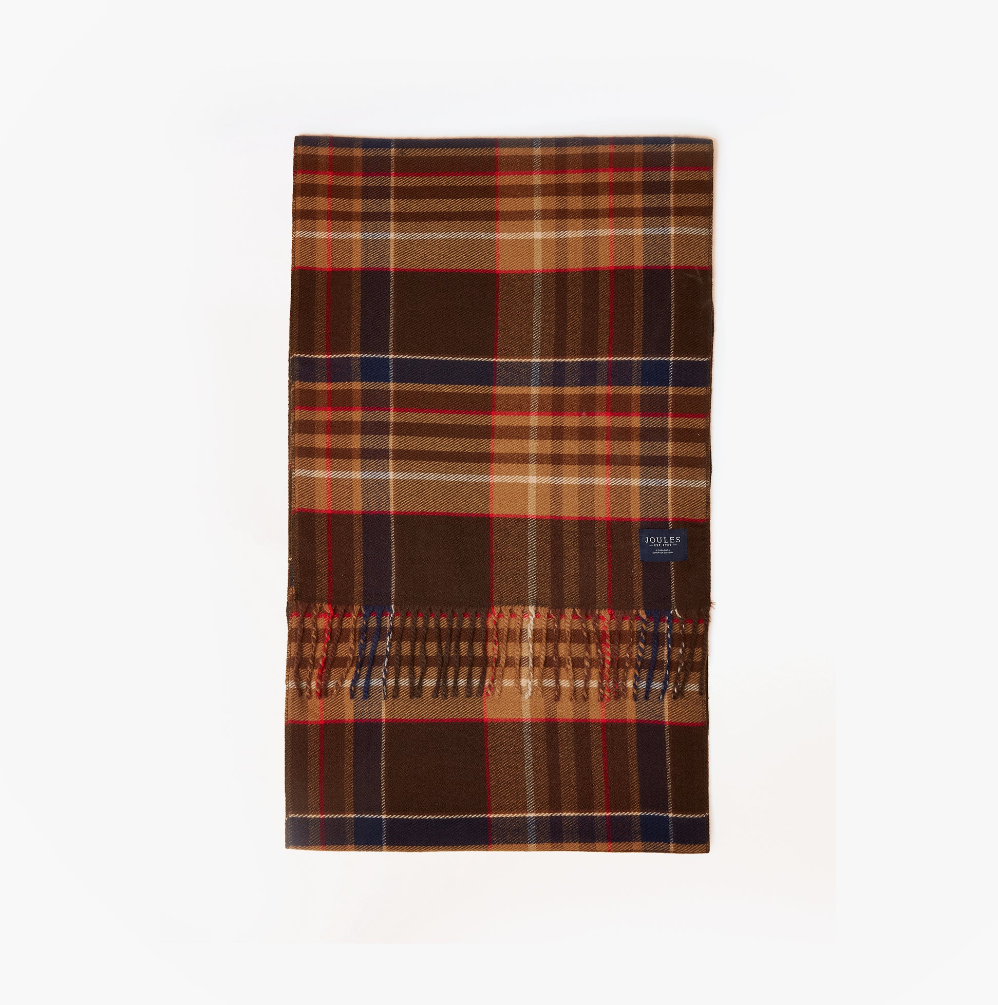 Joules LANGTREE Mens Winter Brown scarf, top view, featuring a classic plaid pattern with fringed edges.