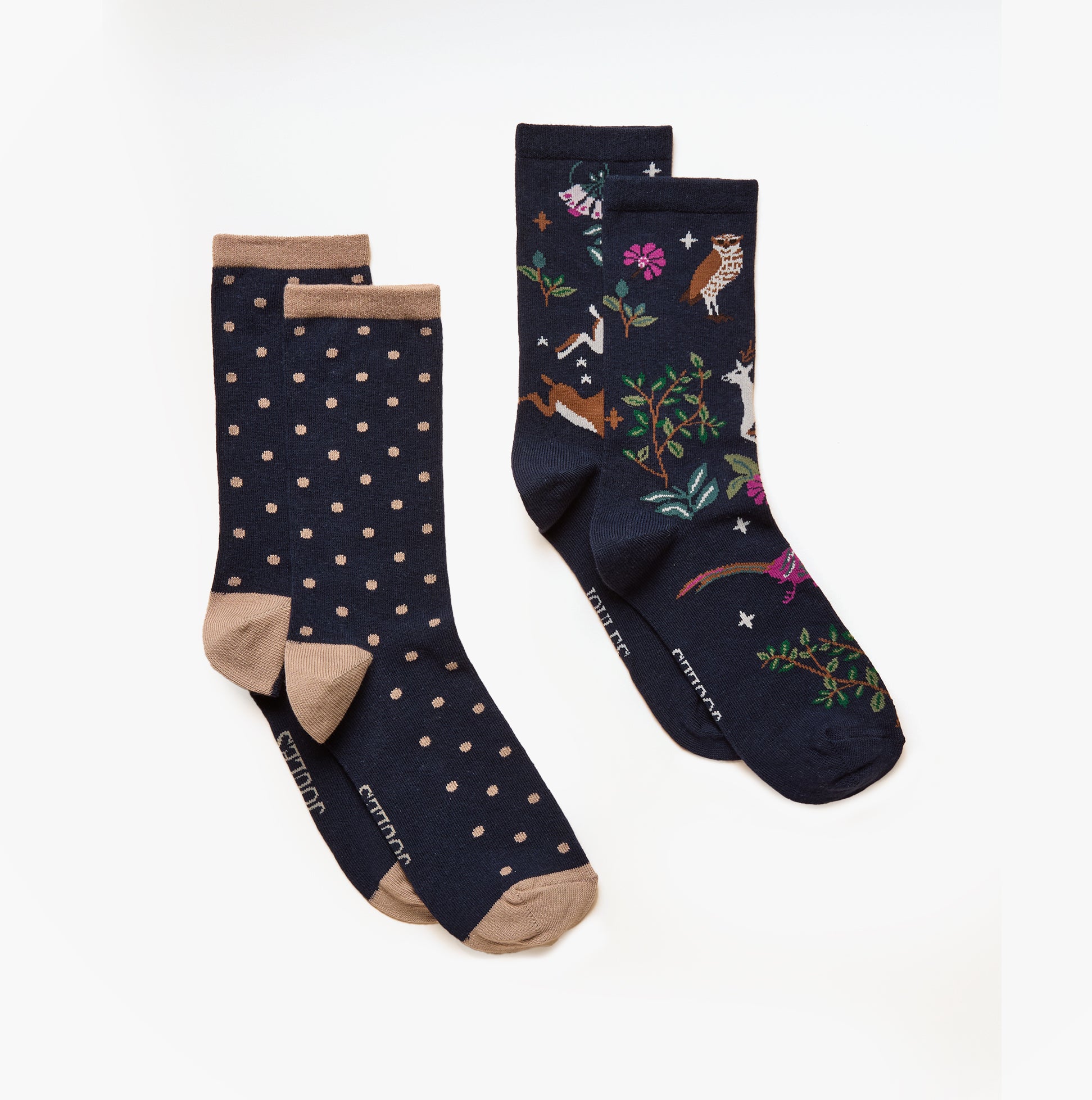 Joules EVERYDAY Womens Socks Multi Navy front view featuring polka dot and floral designs, ideal for casual wear.