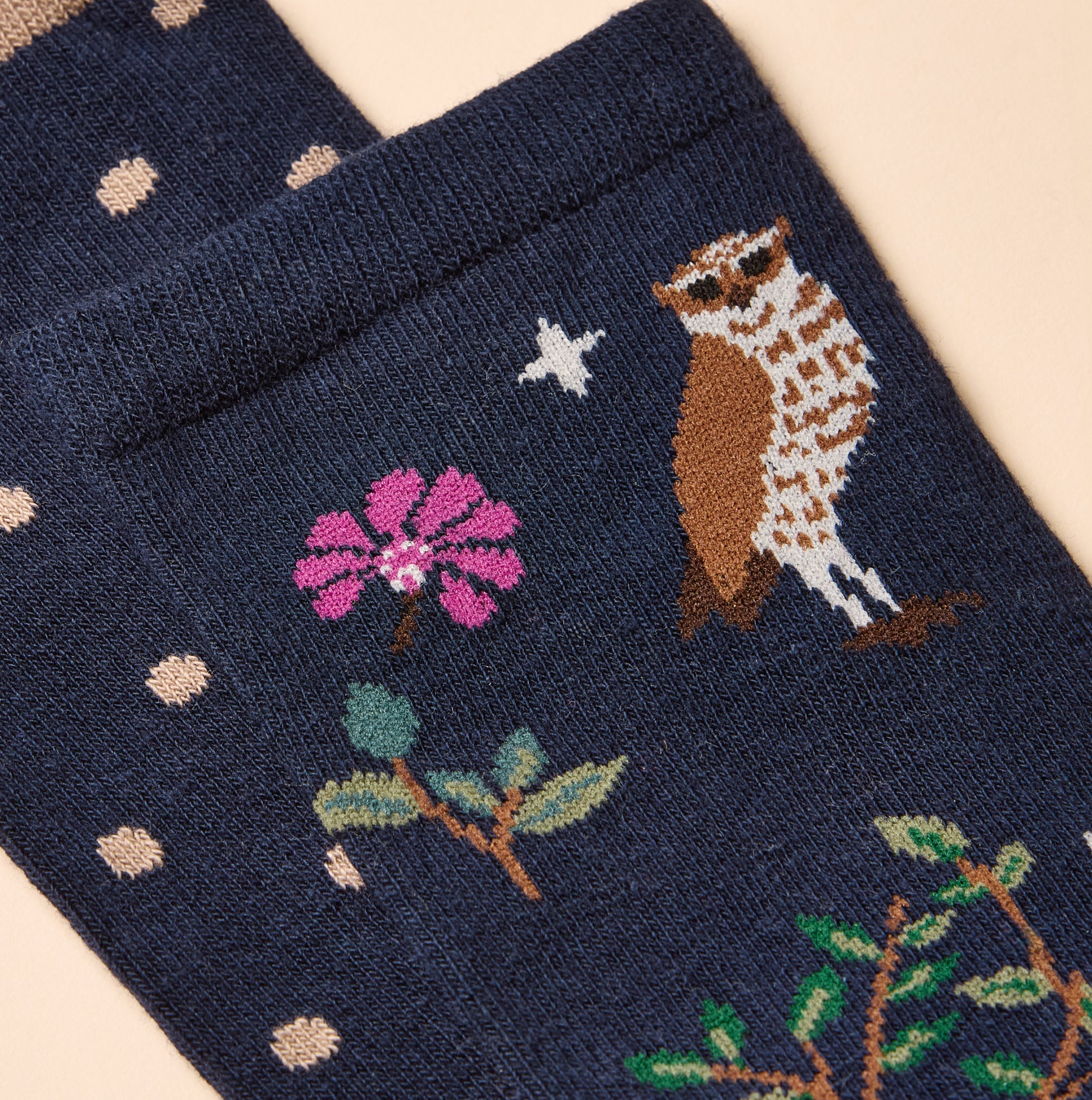 Joules EVERYDAY Womens Socks Multi Navy detail view showcasing colorful designs of a bird and flowers on navy fabric.