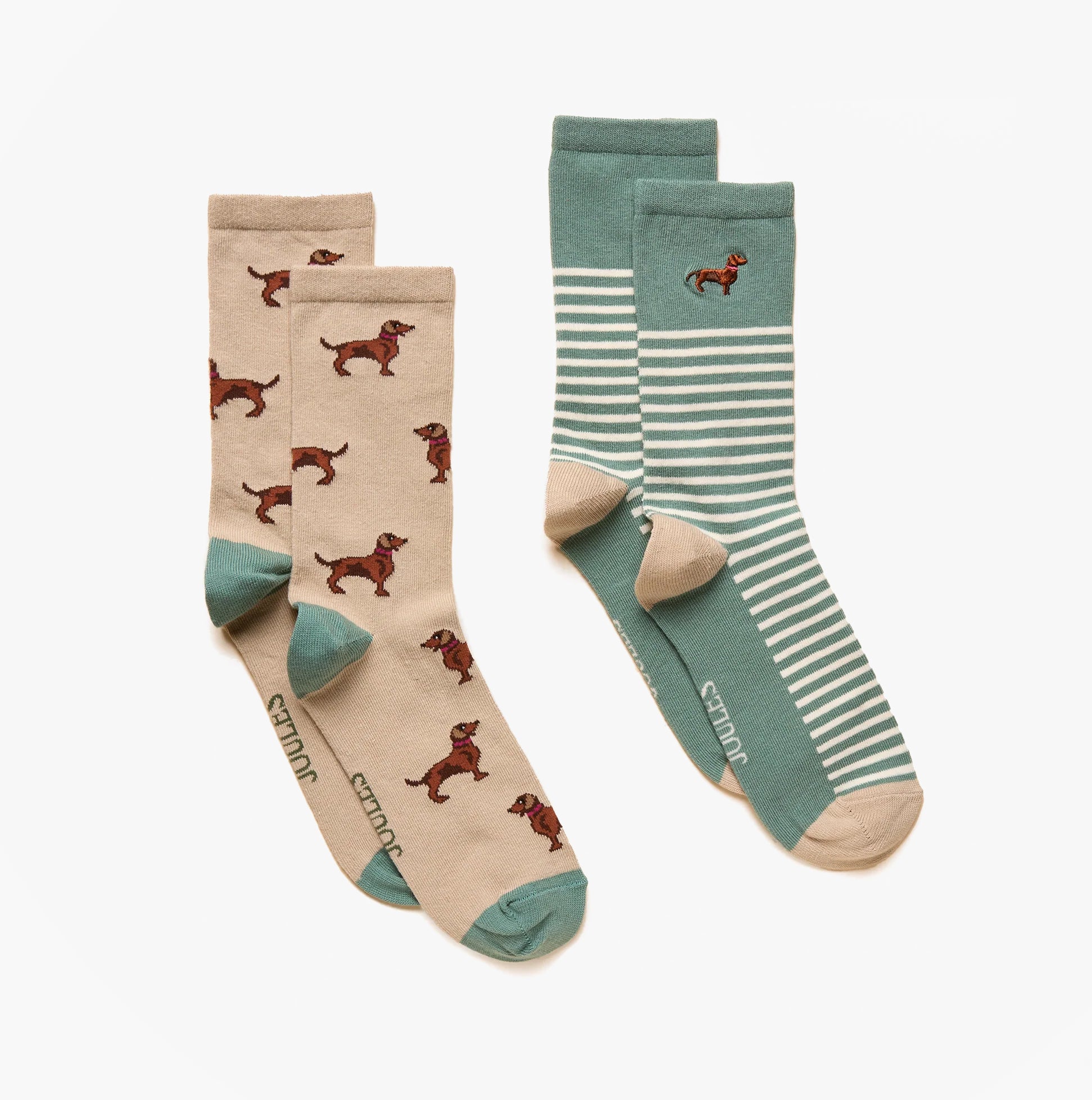 Joules EVERYDAY Womens Socks Khaki/Cream, featuring two-pack crew socks in khaki with dog print and teal striped designs, front view.