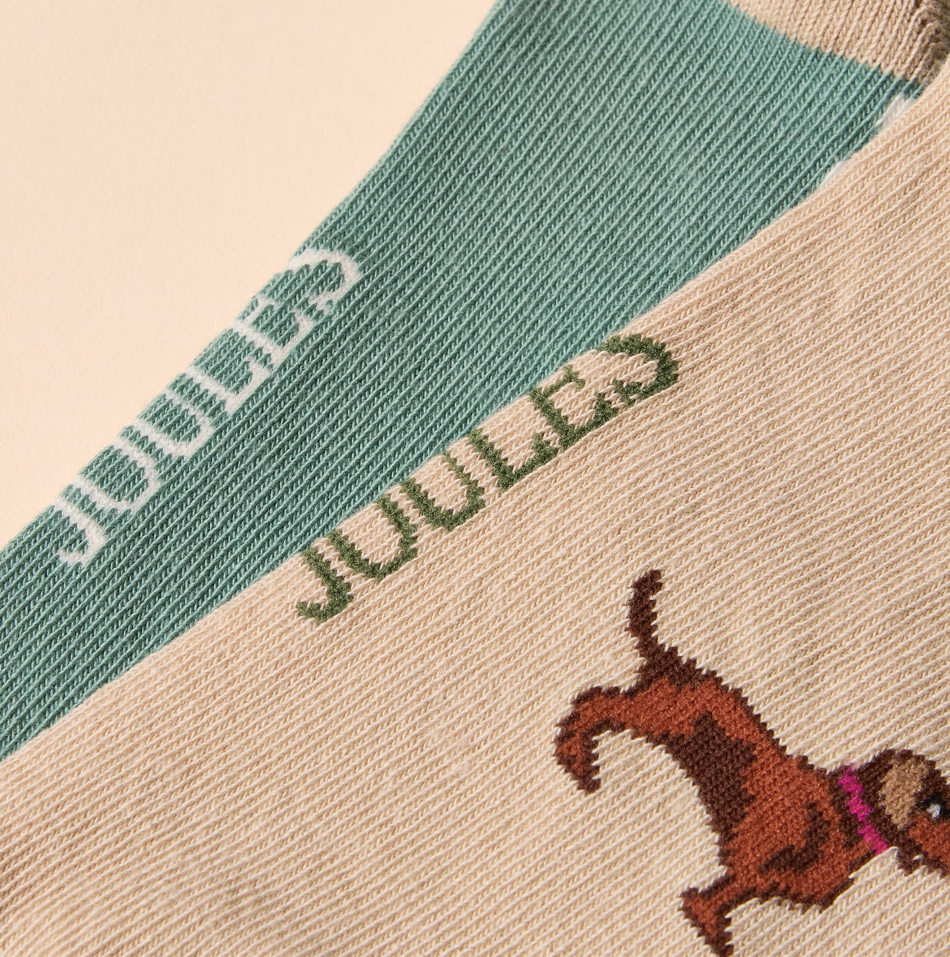 Detail view of Joules EVERYDAY Womens Socks Khaki/Cream featuring playful designs and logo.