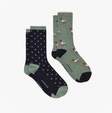 Joules EVERYDAY Womens Socks Green/Blue, crew socks in green with dog print and blue with polka dots, side view.