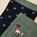 Joules EVERYDAY Womens Socks Green/Blue close-up detail view showing dog and polka dot patterns.