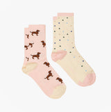 Joules EVERYDAY Womens Socks Pink/Blue, crew sock detail view with dog print and polka dots design.