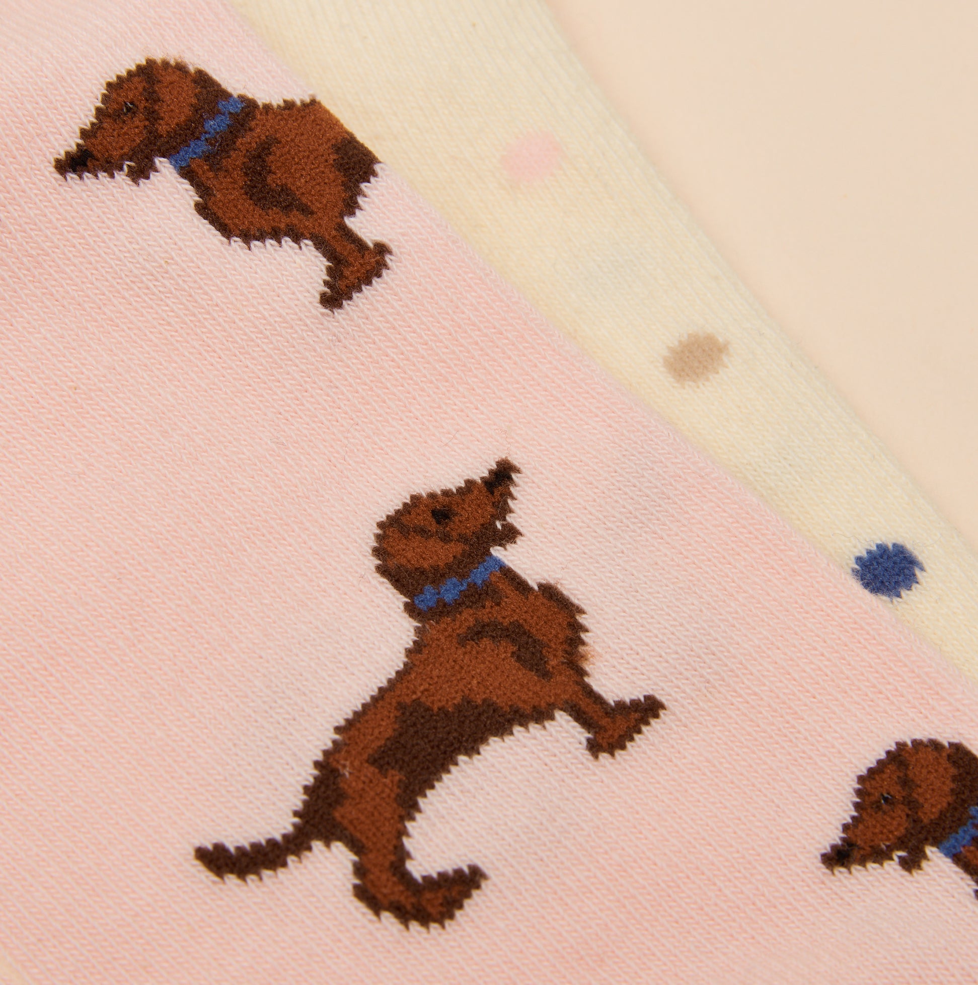 Joules EVERYDAY Womens Socks Pink/Blue detail view featuring playful dog designs and polka dots.