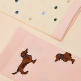Joules EVERYDAY Womens Socks Pink/Blue detail view featuring playful dog design and polka dot pattern.