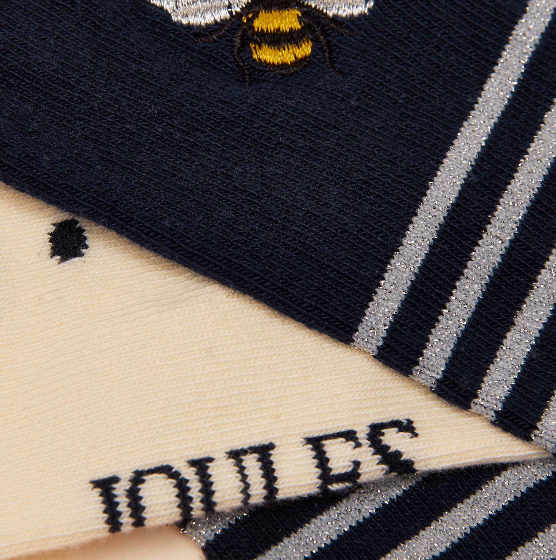 Joules EVERYDAY Womens Socks Navy/White detail view featuring navy color with bee design and striped pattern.
