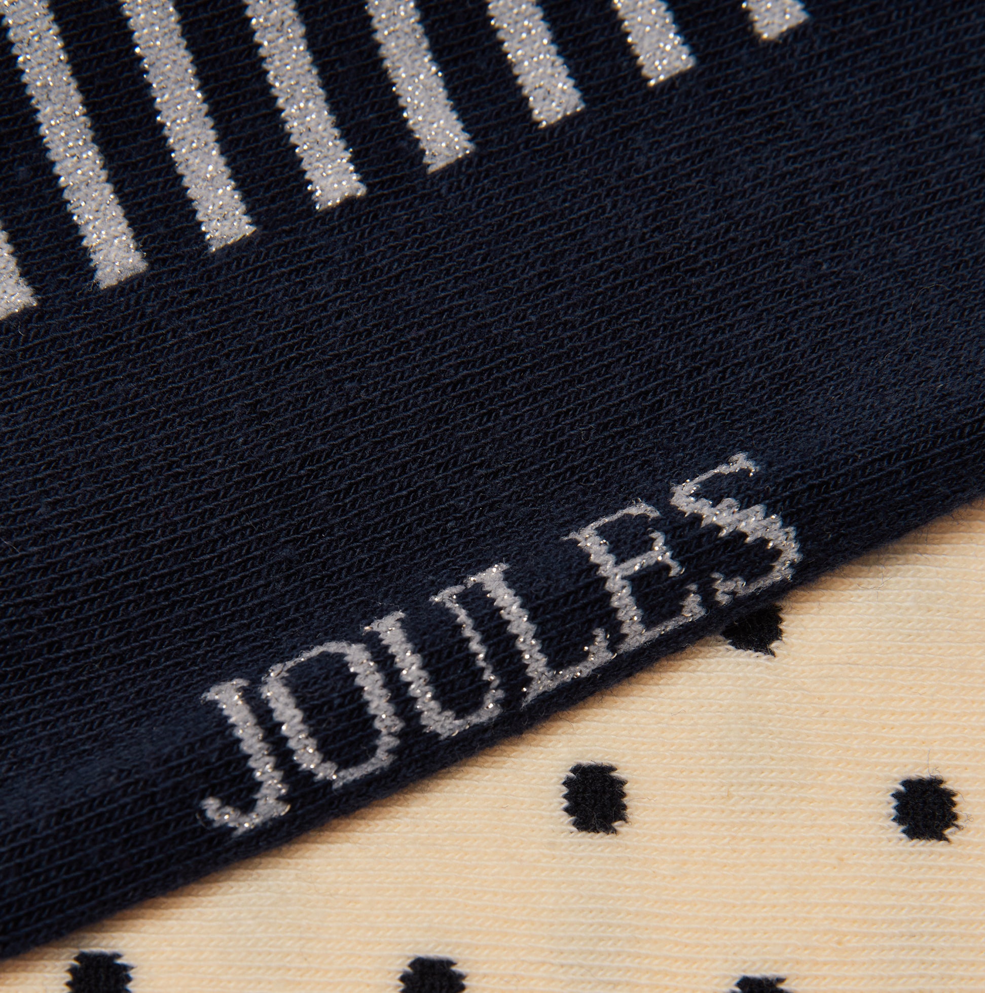Joules EVERYDAY Womens Socks Navy/White detail view showcasing fabric patterns and logo.