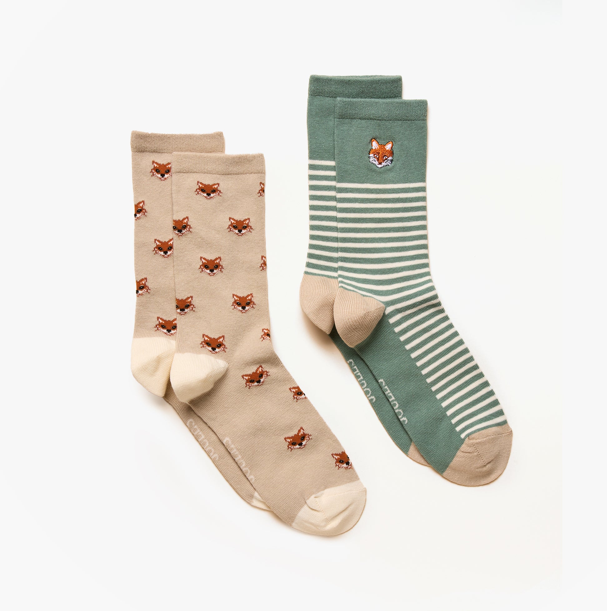 Joules EVERYDAY Womens Socks Khaki/Stone detail view featuring fox patterns and stripes.