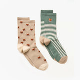 Joules EVERYDAY Womens Socks Khaki/Stone detail view featuring fox patterns and stripes.