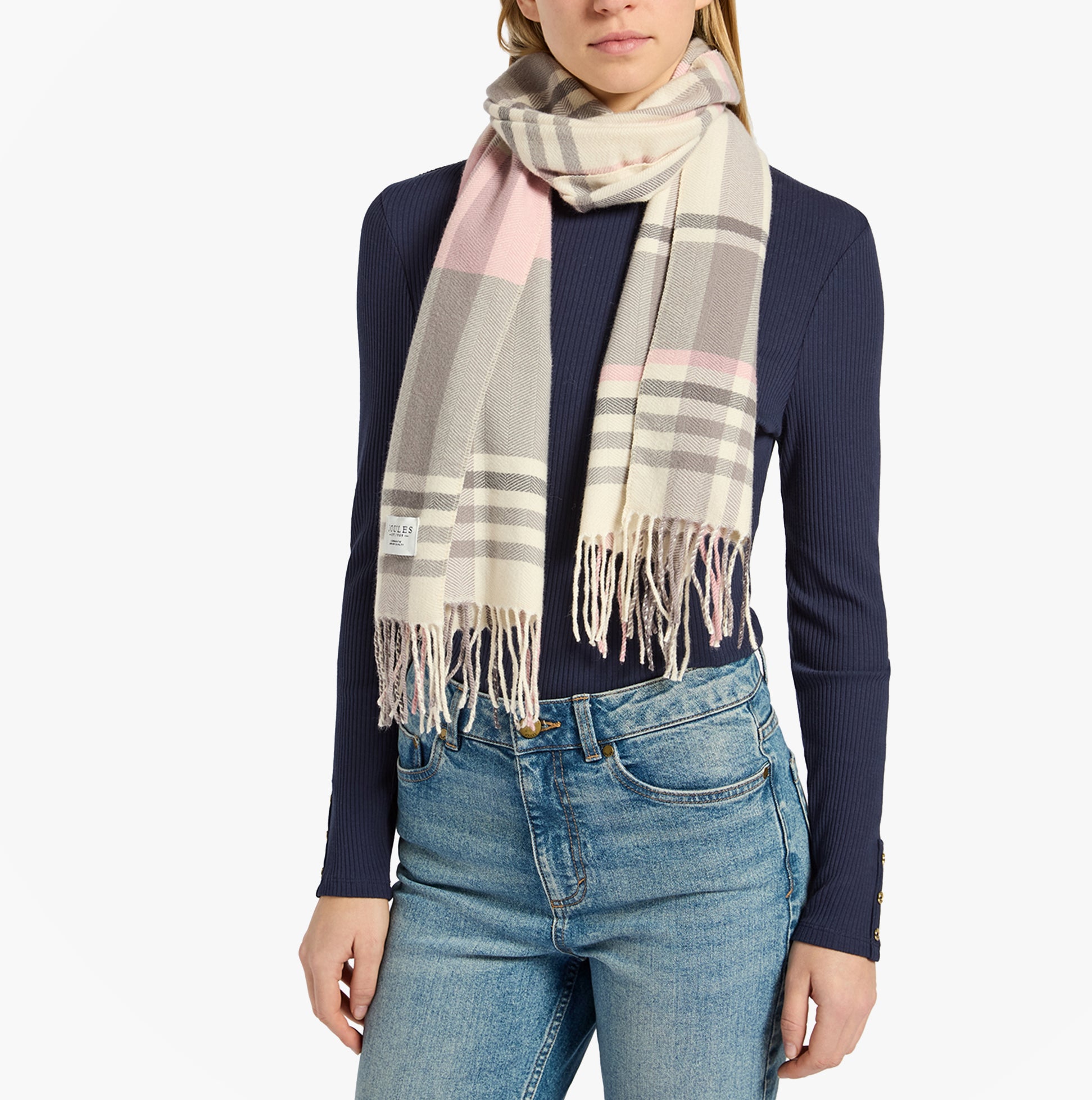 Joules LANGTREE Womens Scarf Pink/Grey front view with fringes, styled with a navy top and jeans.