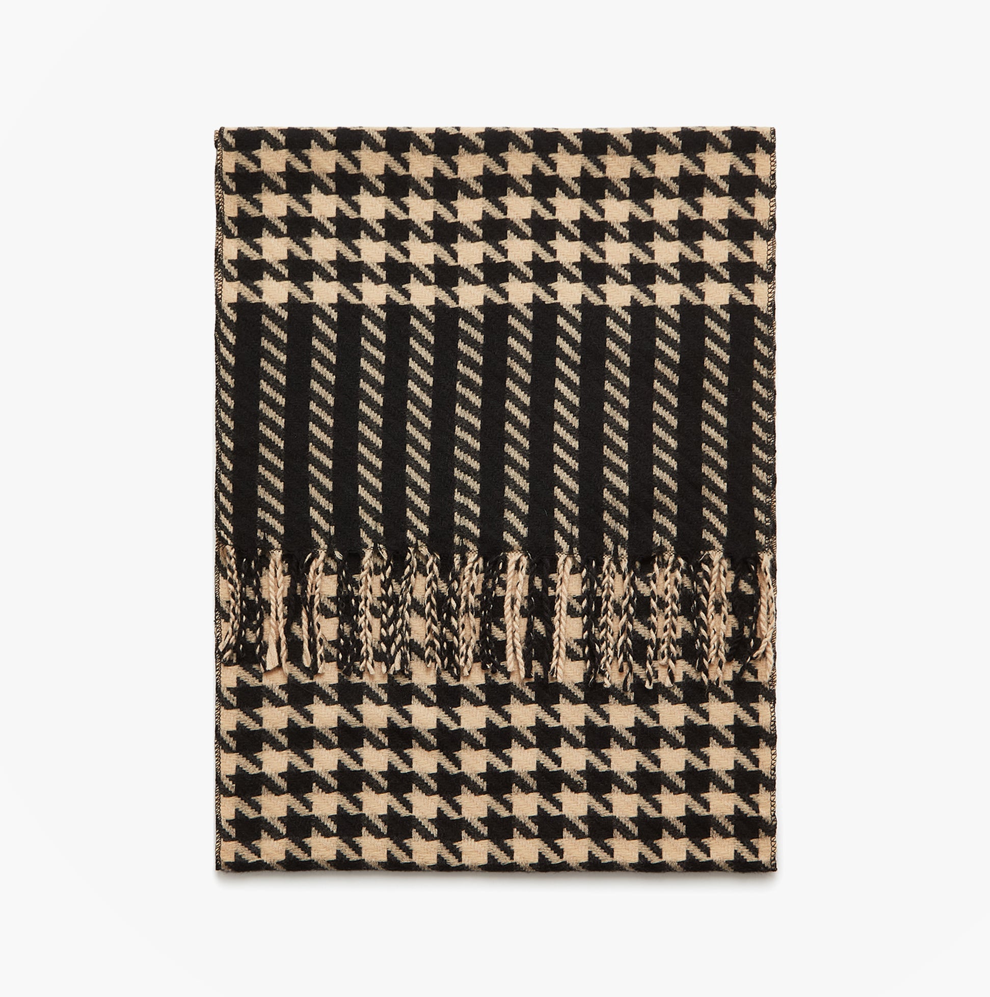 Joules LANGTREE Womens Winter Black/Tan front view showing houndstooth pattern and fringed edges.