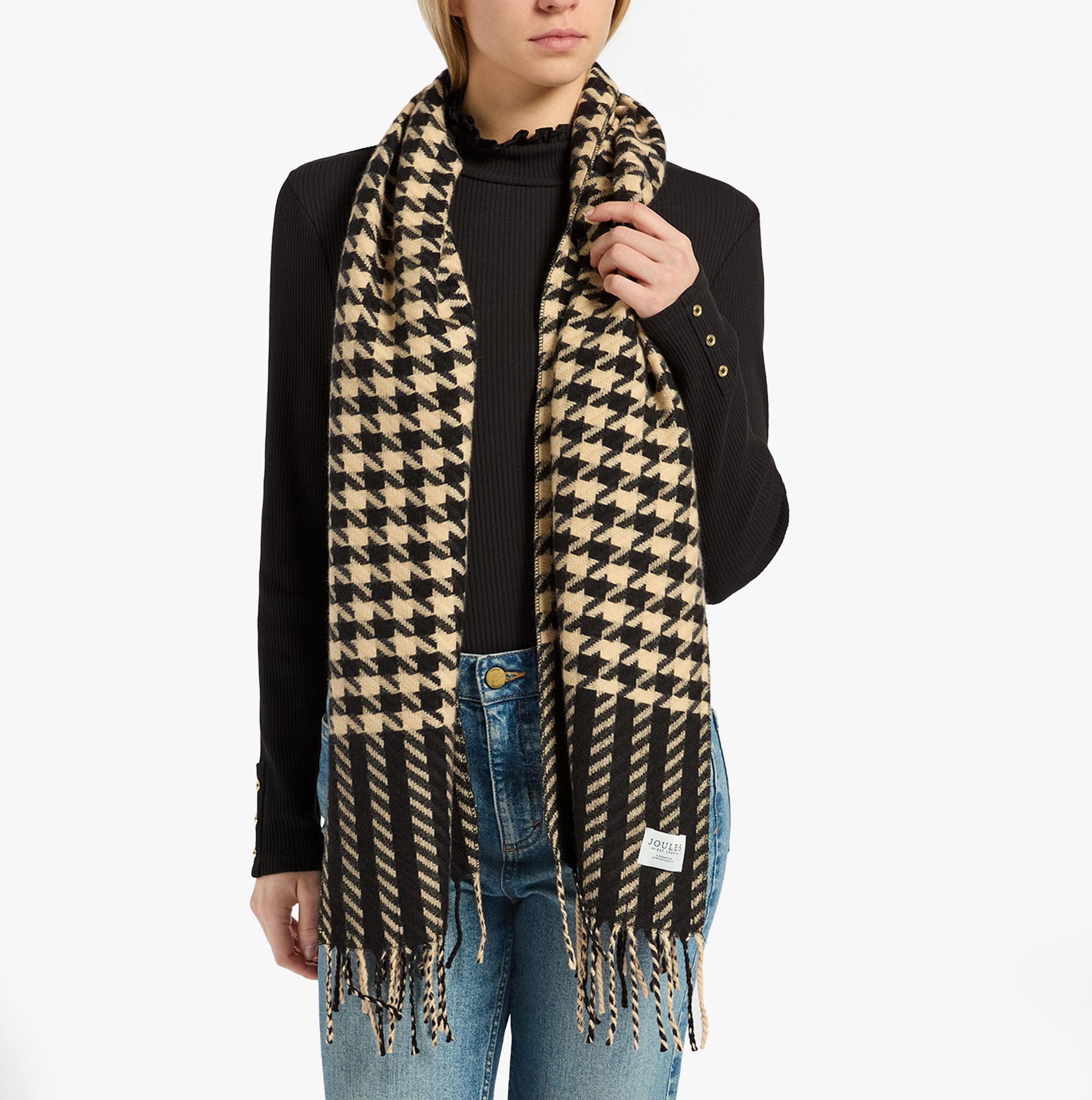 Joules LANGTREE Womens Winter Black/Tan front view model wearing scarf with houndstooth pattern.