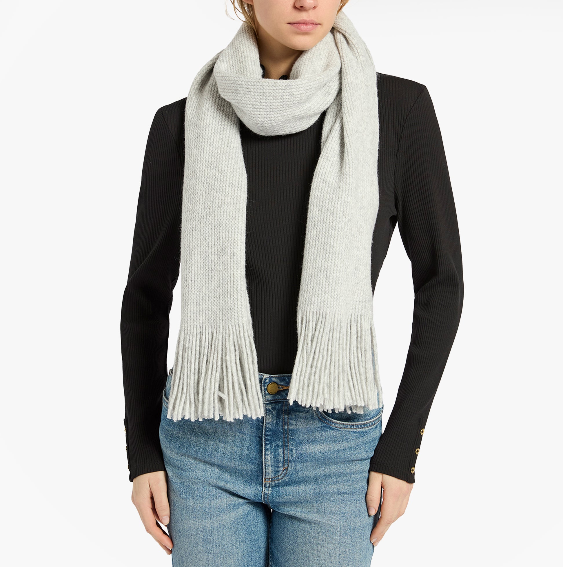 Joules ROSA Womens Winter Grey front view of a woman wearing a grey scarf, showcasing soft texture and fringe detail.