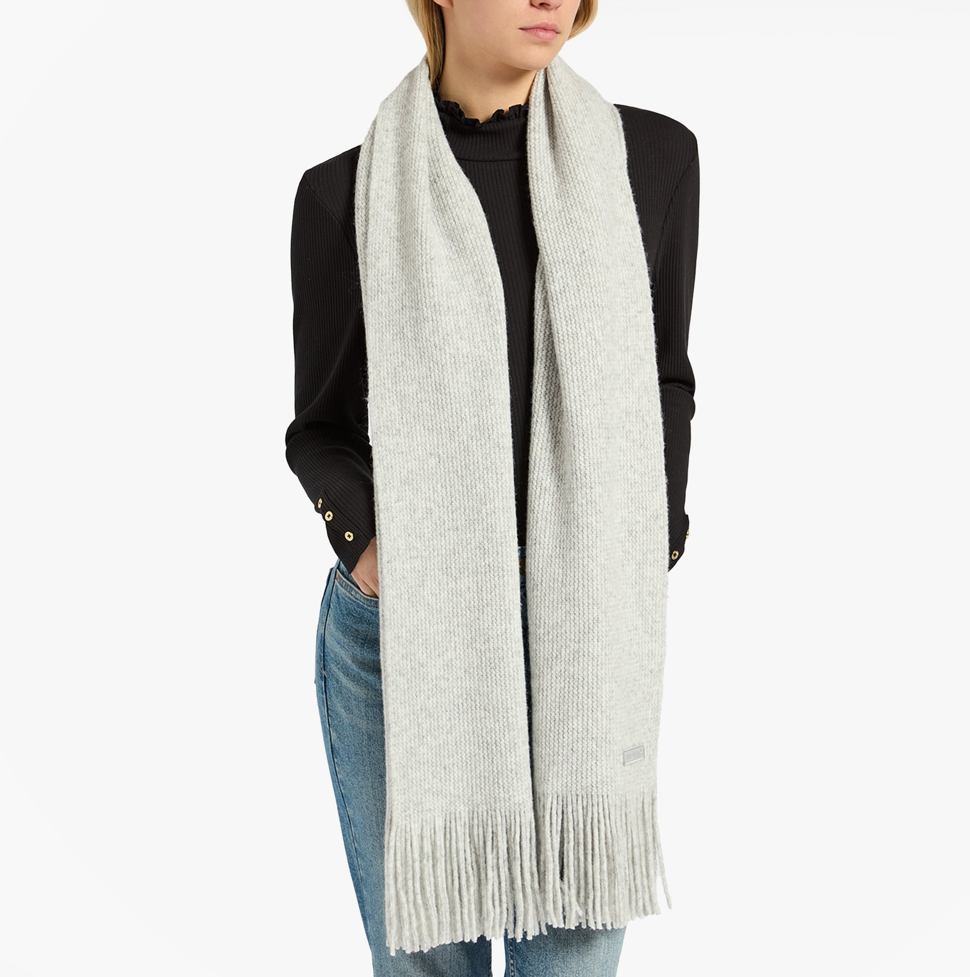 Joules ROSA Womens Winter Grey front view scarf draped elegantly with fringes.